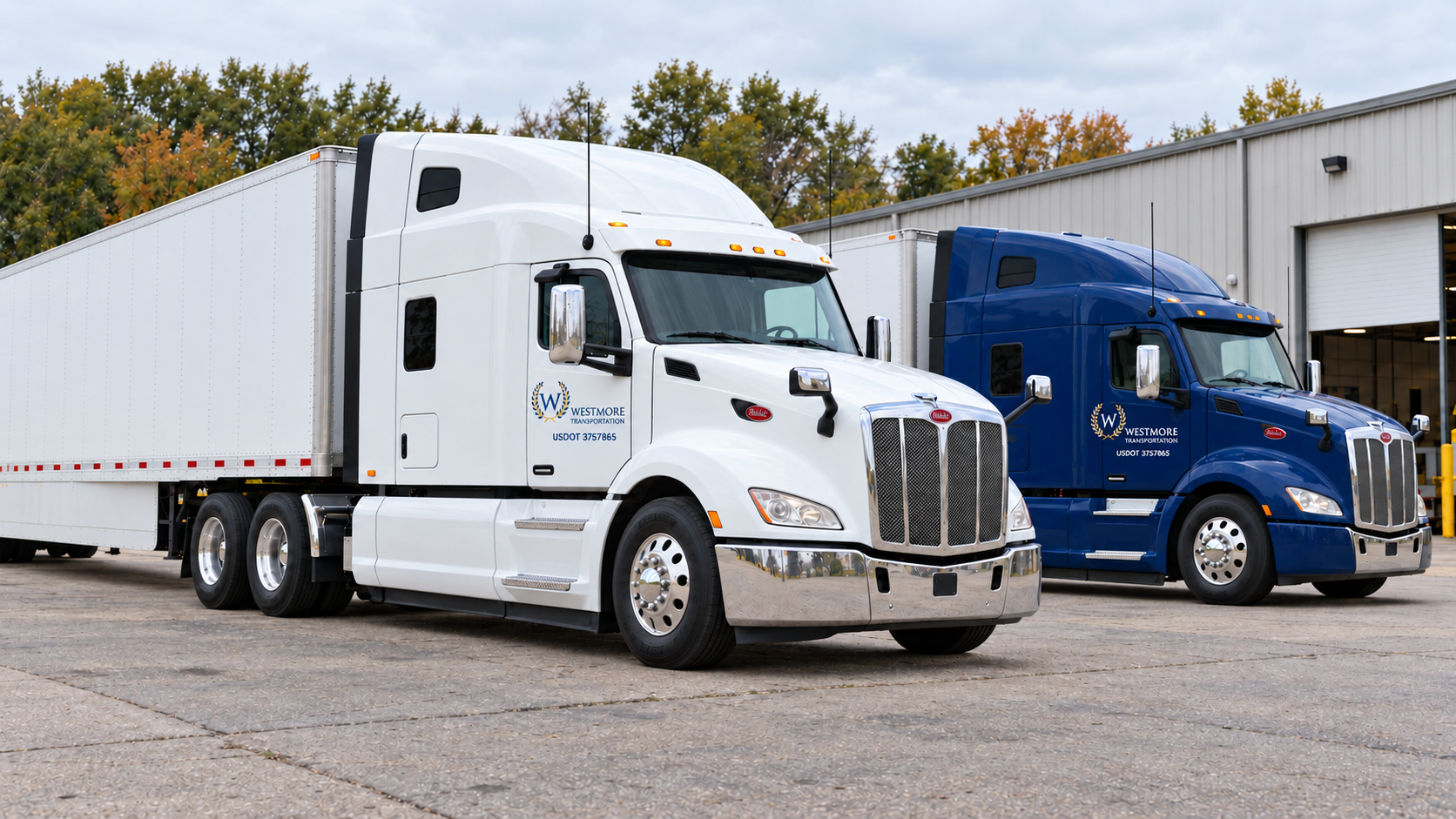 Brand illustration of Westmore trucks beside a maintenance shop